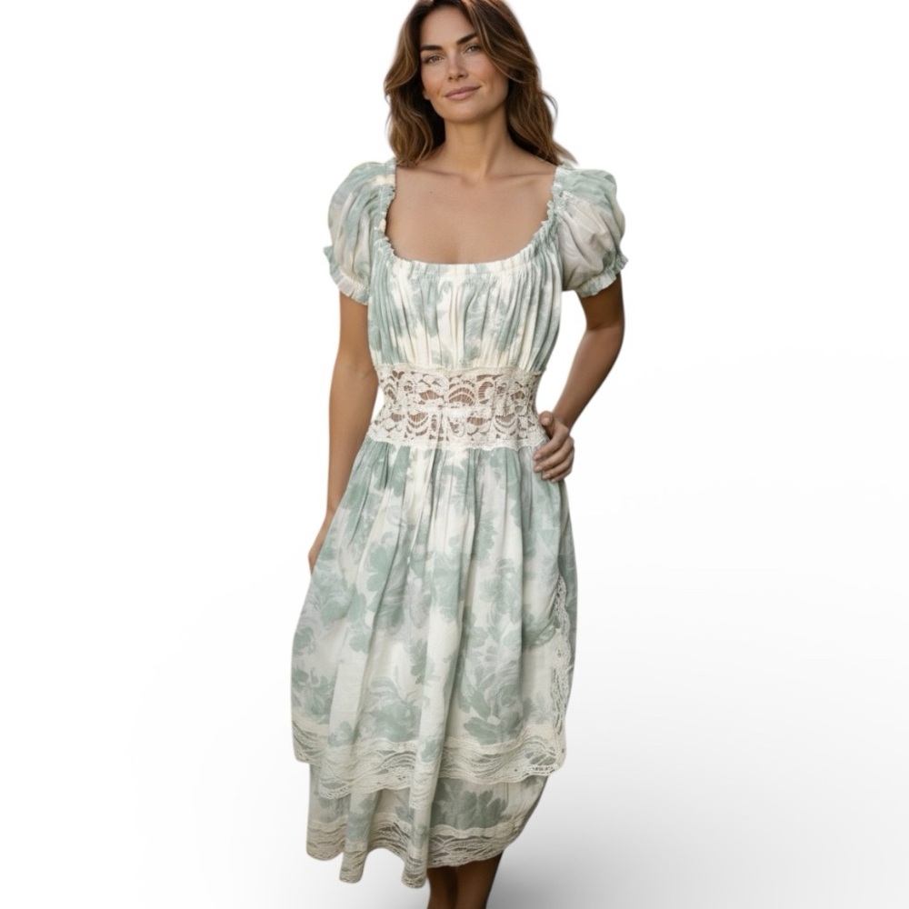 Free People Honeysuckle Printed Midi Dress Ribbon Tie Waist Lace Trim Sz M w Tag